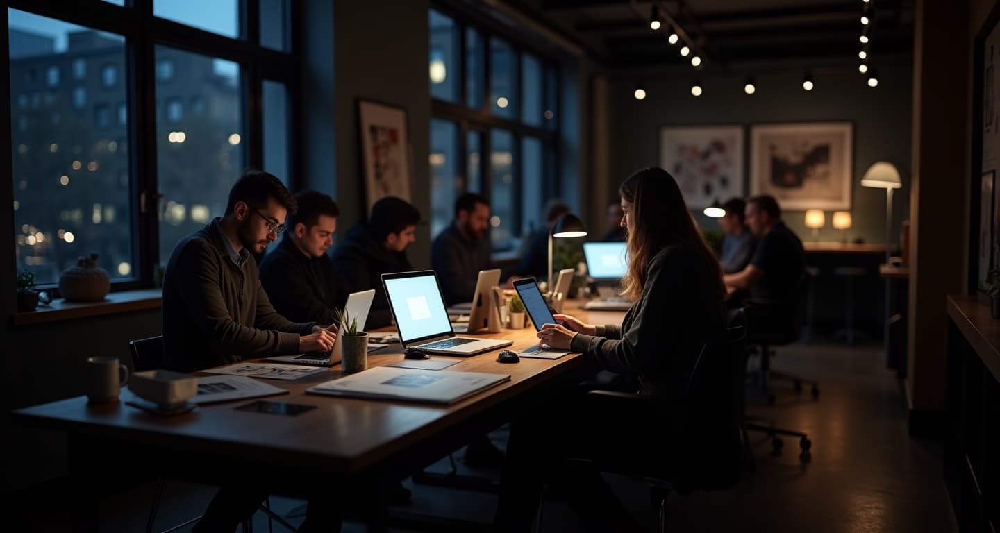 A creative workspace with warm light, a long workbench and tools for making