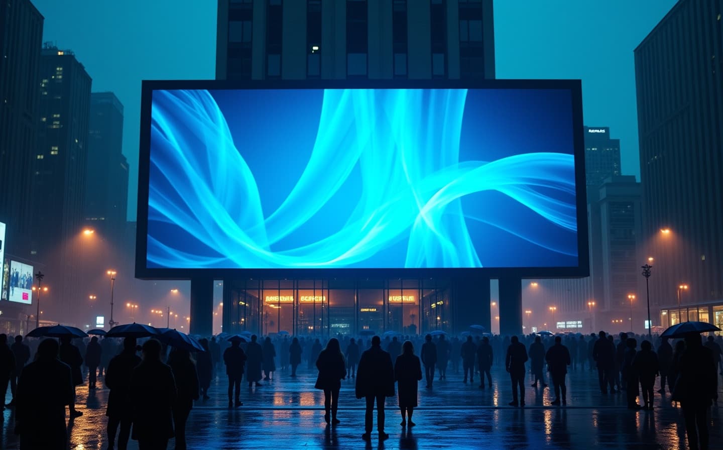 A luminous blue motion form filling an outdoor screen